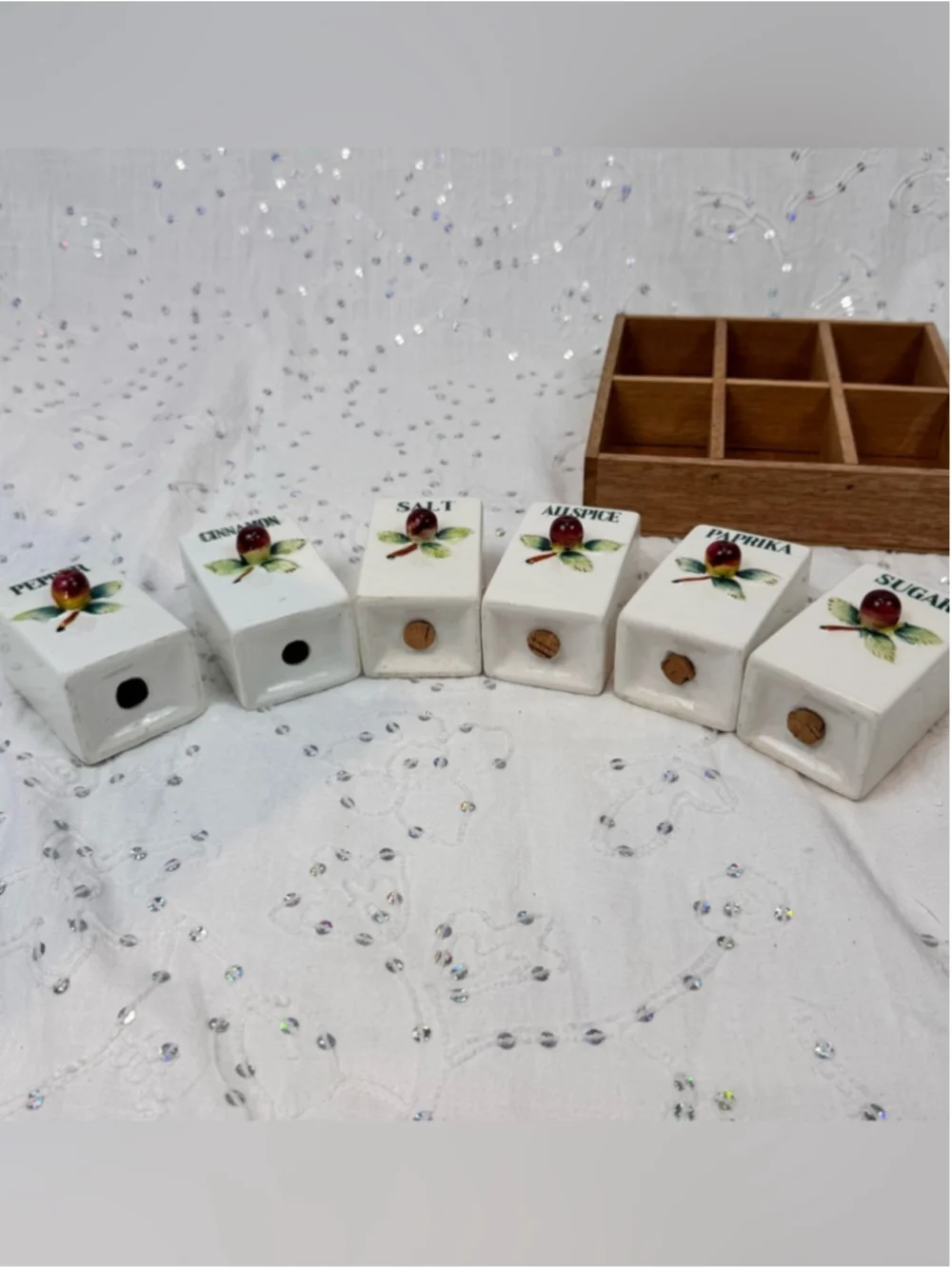 Vintage Ceramic Wall Spice Rack Set - Hand Painted Cherry Spice Shakers